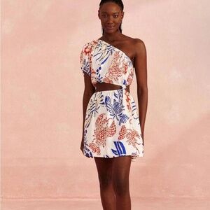 Farm Rio one shoulder tropical lobster mini dress
